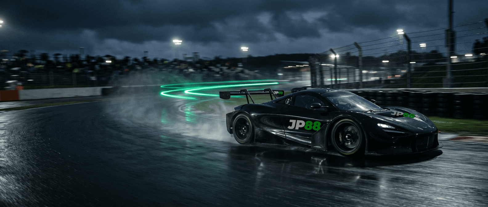 A black GT racing car carrying JP88 sponsor decals on its door, hood and rear wing, speeding through a wet circuit at night with green light trails.